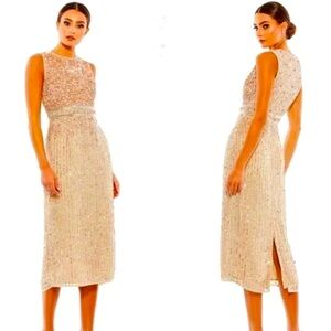 New MAC DUGGAL Beaded Sequined Formal Midi Dress Sleeveless Nude 4 MSRP $398